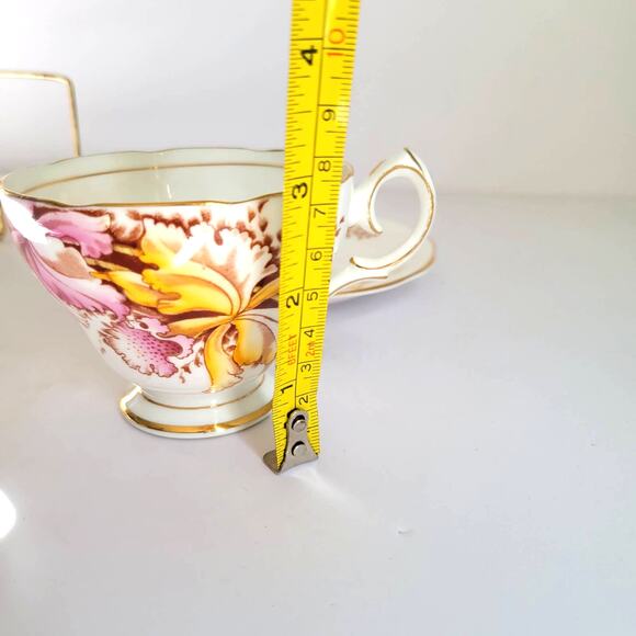 Vintage Queen Ann Teacup Saucer Orchids Pink Yellow Bone China Cottagecore - Picture 10 of 10